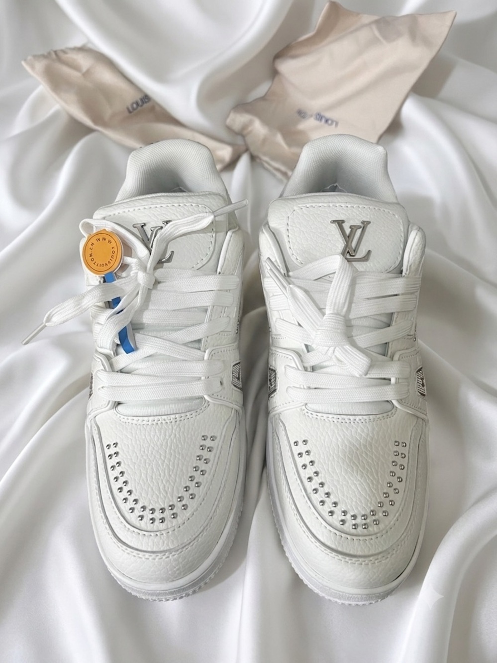 Louis Vuitton White Leather Sneakers with Silver LV Hardware